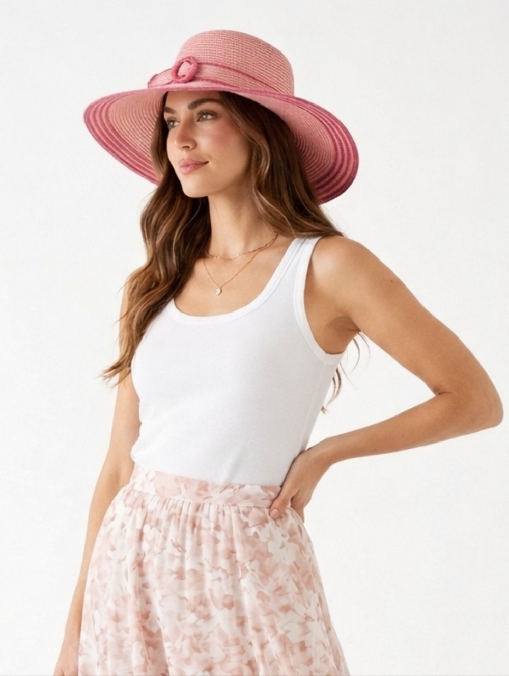 Pink Coral Wide-Brim Sun Hat with Accent Band